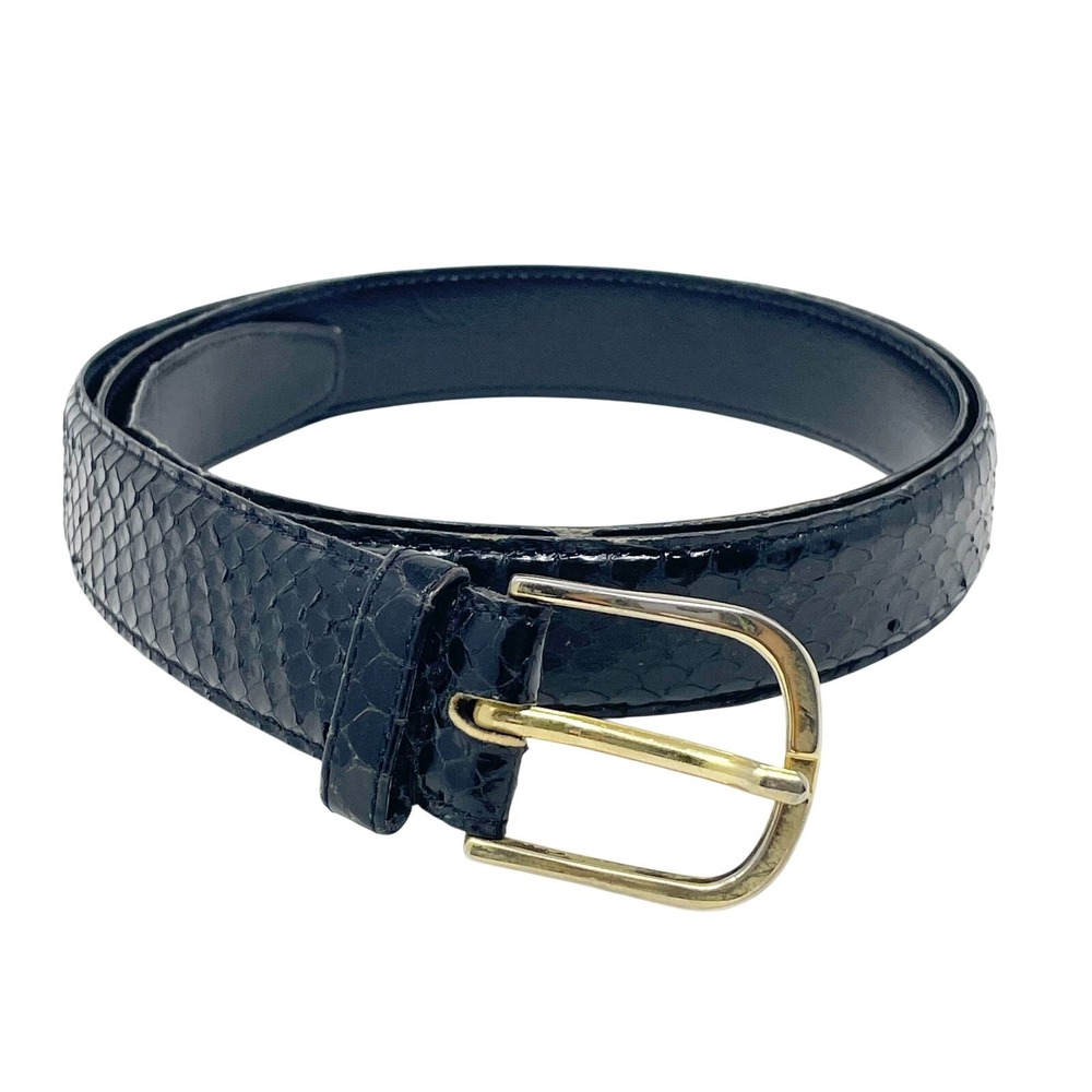 Vintage Women's Black Genuine Snake Skin Belt Size 42 Made in Taiwan Gold Buckle